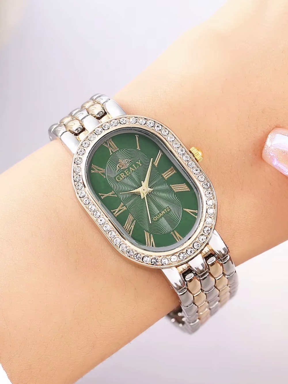Women's Silver Bracelet Watch with Green Dial and Crystal Bezel